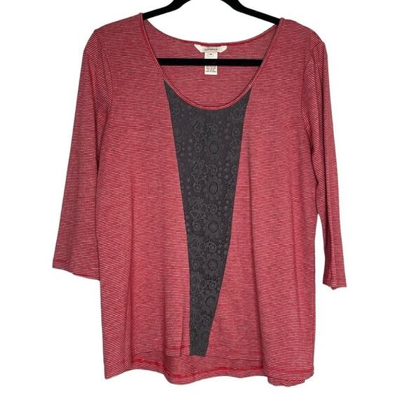 Sundance Red Striped Gray Crochet Detail 3/4 Sleeve Scoop Neck Top Medium - Picture 1 of 11
